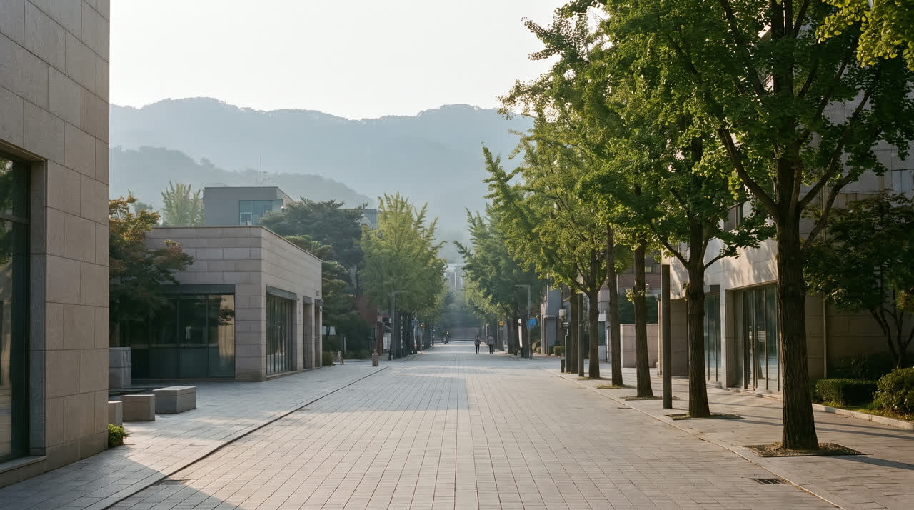 A quiet Seoul street in the early morning, seen from a hotel entrance.