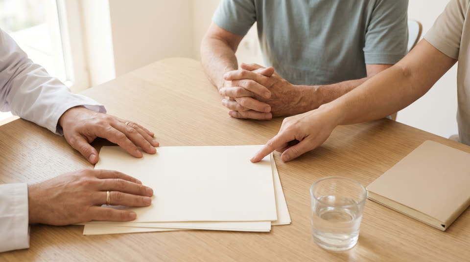Three pairs of hands at a consultation table, one pointing at a document.
