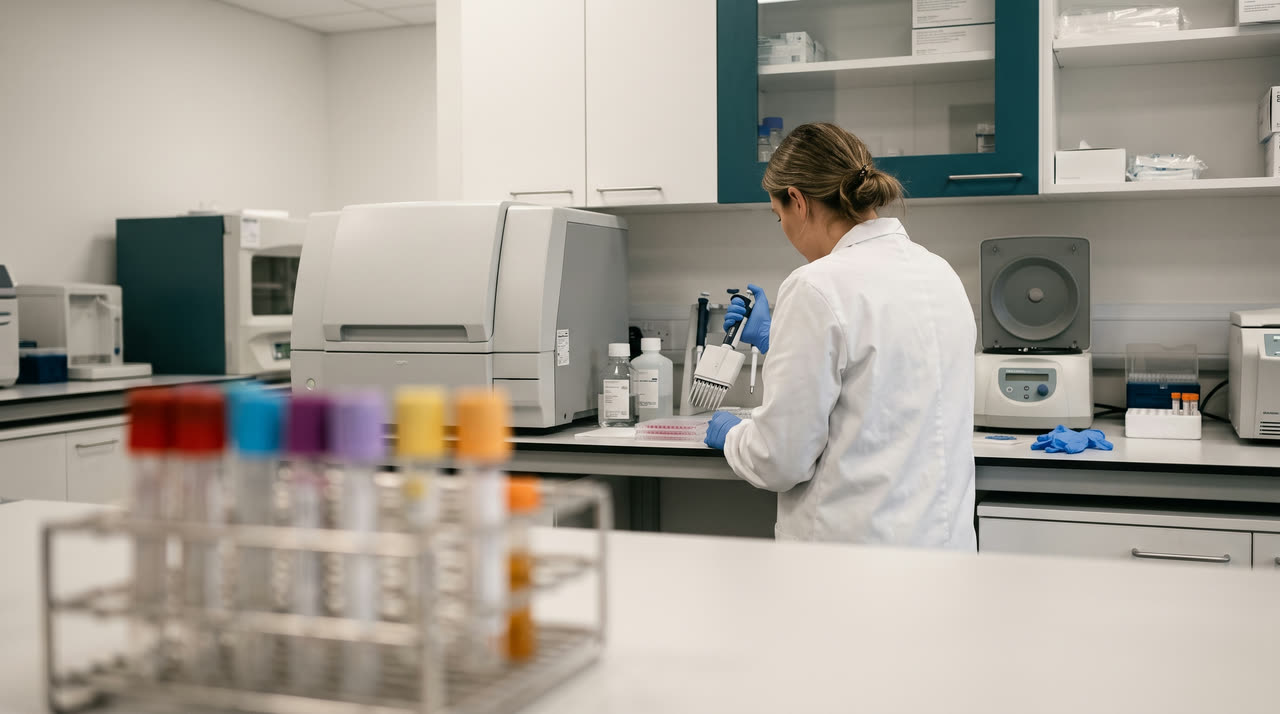 A rack of unlabelled sample tubes in the foreground of a modern clinical laboratory.