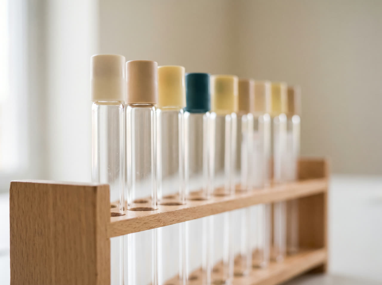 A close view of plain sample tubes standing in a rack on a white laboratory bench.